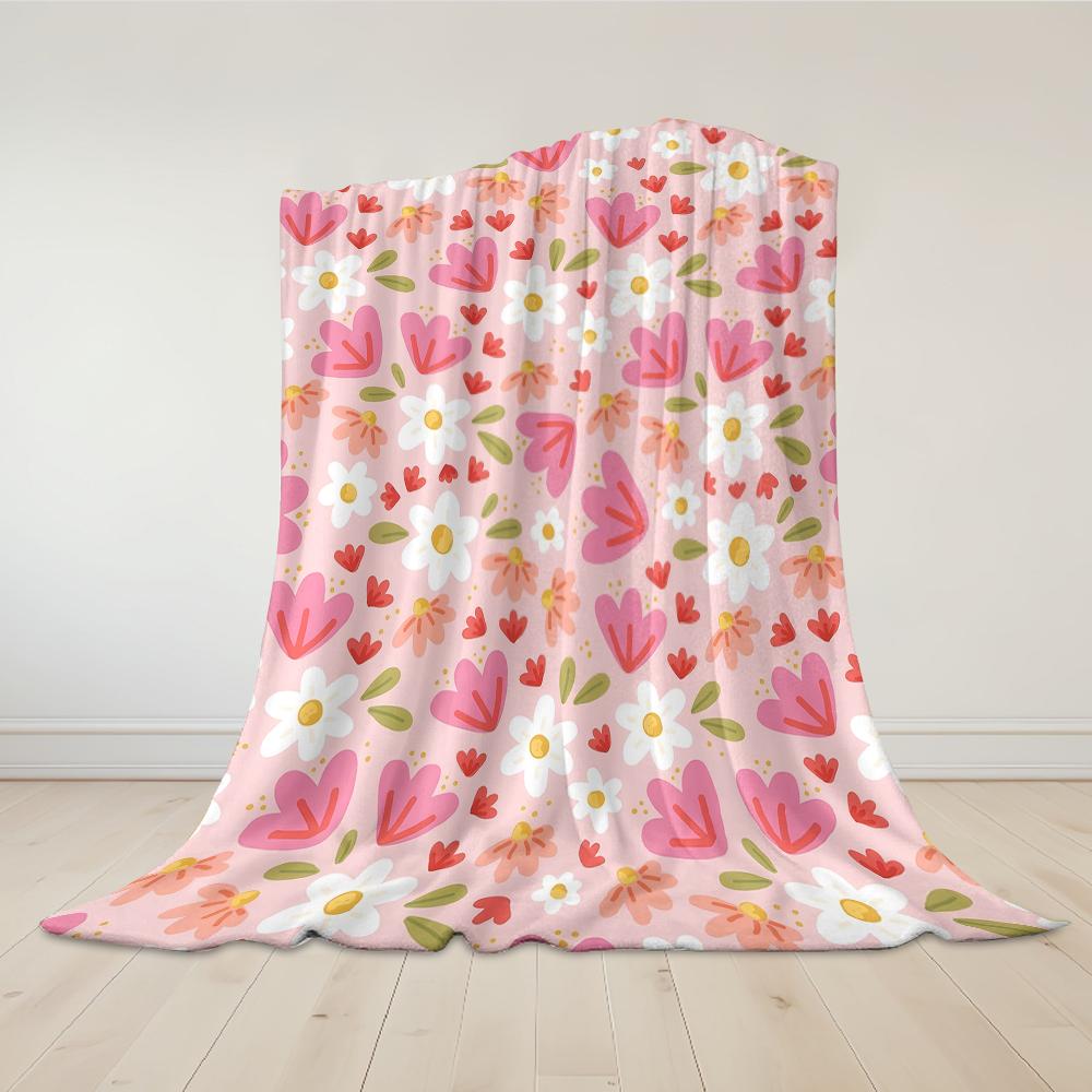 Blush Floral Heart Flannel Blanket Warm Soft Halloween Christmas Couch Warm Cozy Decorative Decor Gift for All Season
