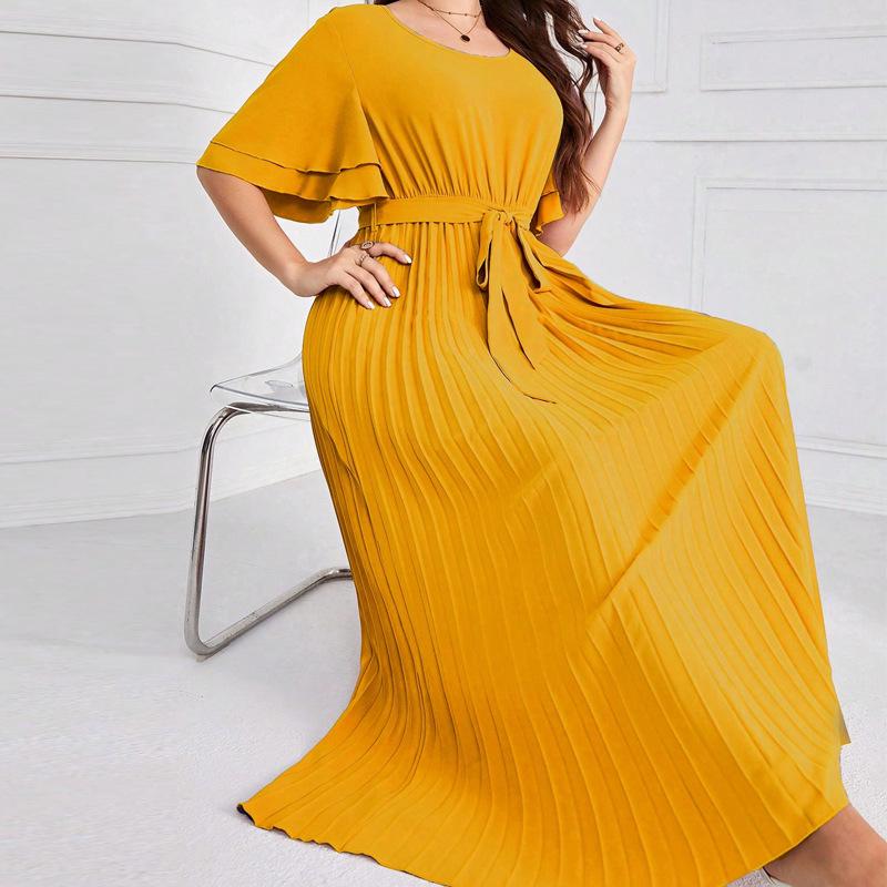 Elegant Long Swing Dress with Square Neck and Lace-up Design - Short Sleeve, Slimming, Pleated for Spring, Summer, Autumn