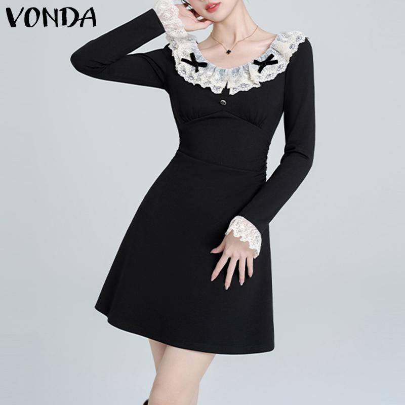 VONDA Women Autumn Lace Round Neck Long Sleeve Dresses