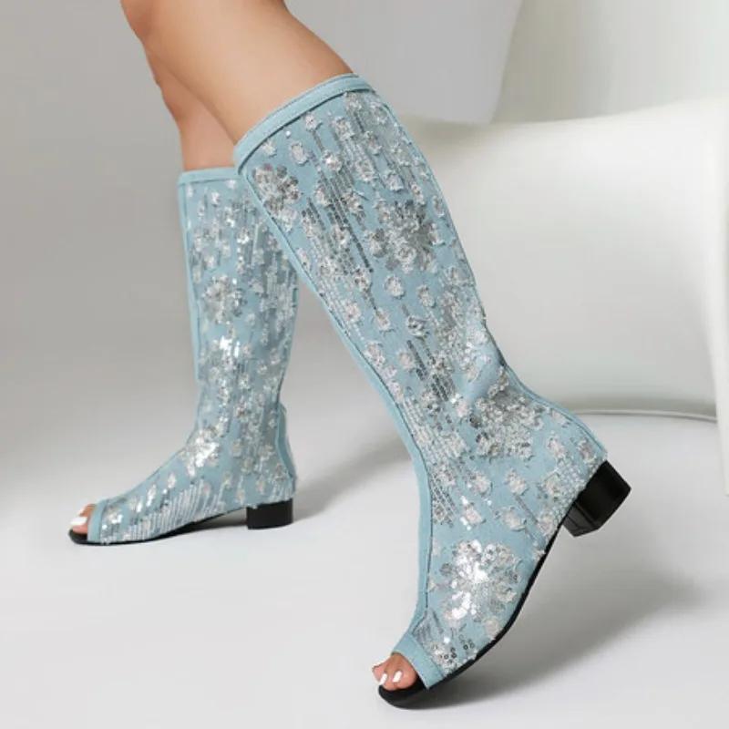 

Women s Peep Toe Knee High Boots Chunky Heels Zipper Summer Sandal Boots Denim Sequins Sandals Dress Boots Plus Size 45 34 небесно-голубой