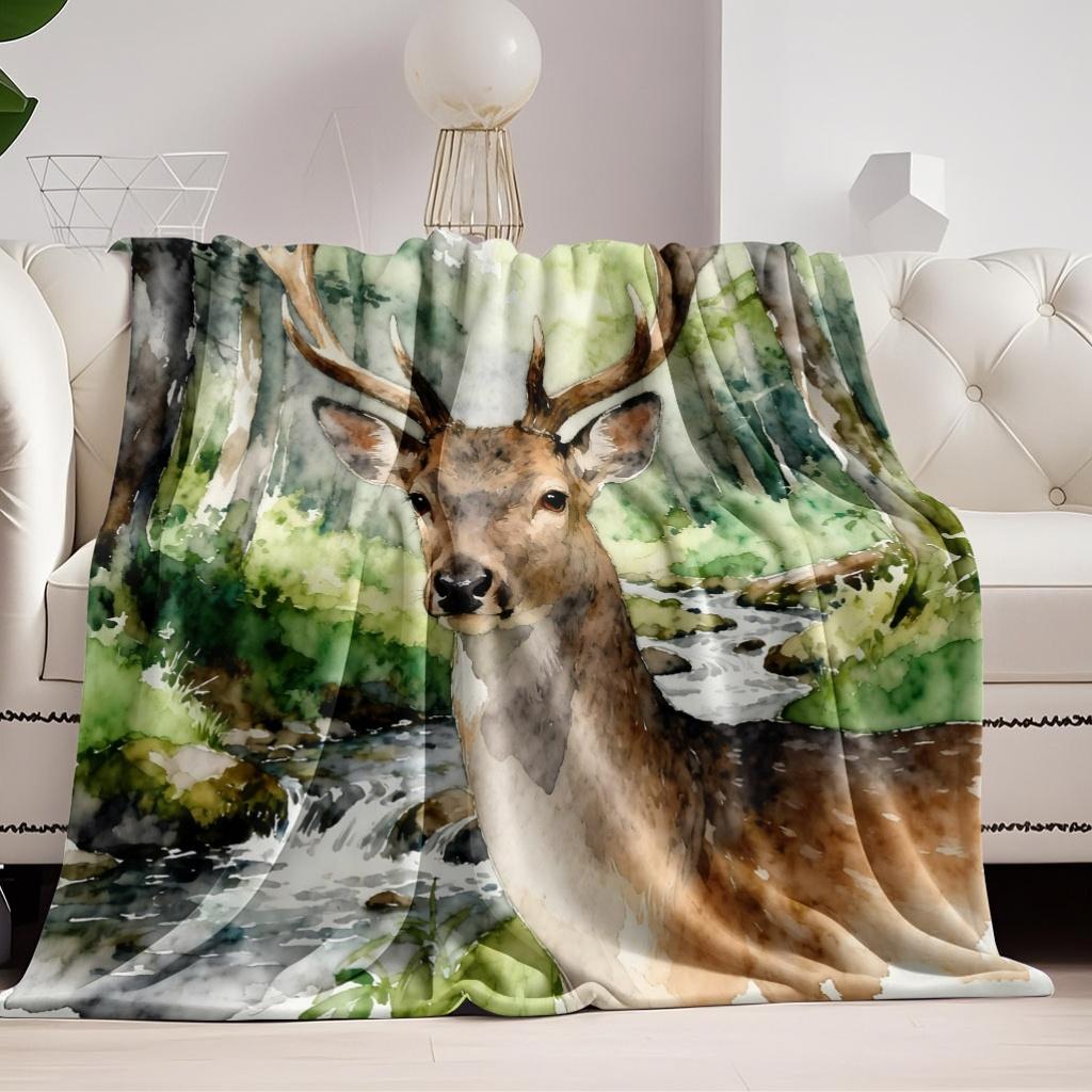1pc Comfortable Forest Deer Theme Flannel Blanket Polyester, Soft and Breathable, Ideal for All Seasons, Perfect Gift for