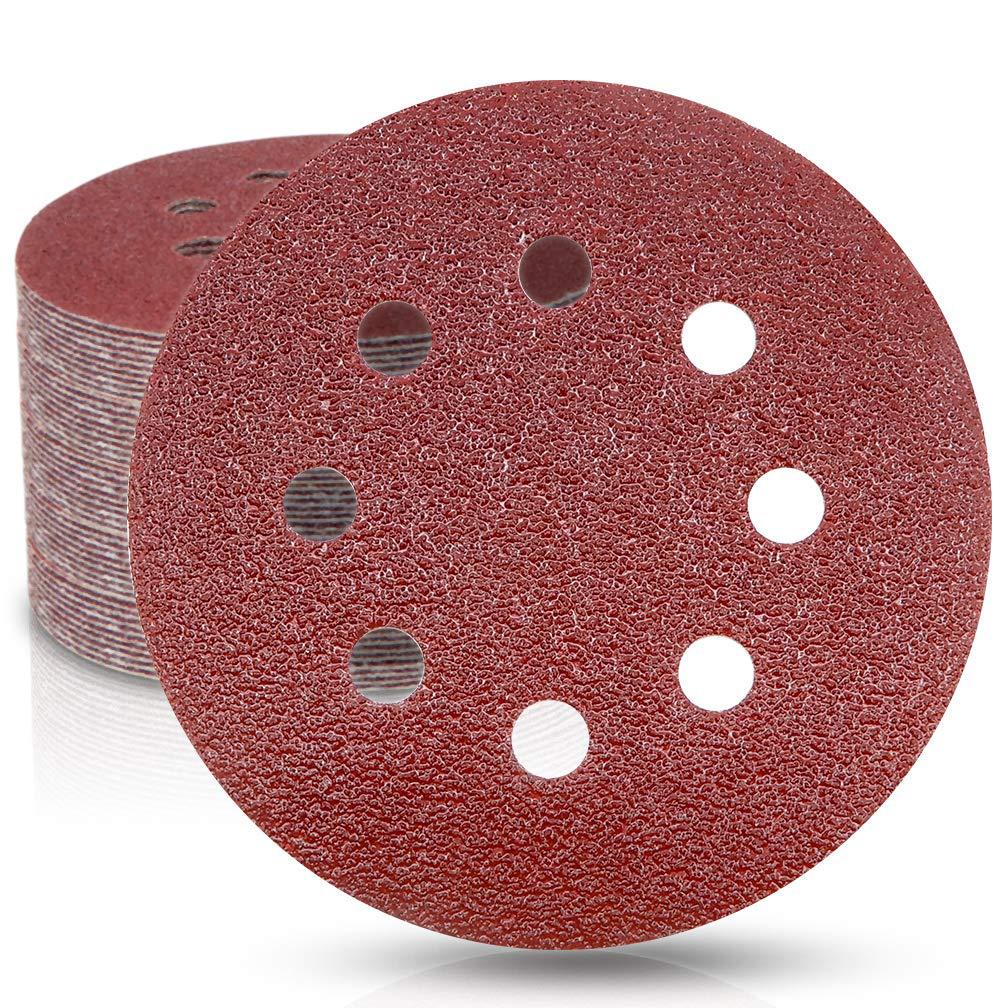 Hot-Selling 5" Aluminum Oxide Sandpaper, 8-Hole, 125mm, Red Backing Sanding Discs Set