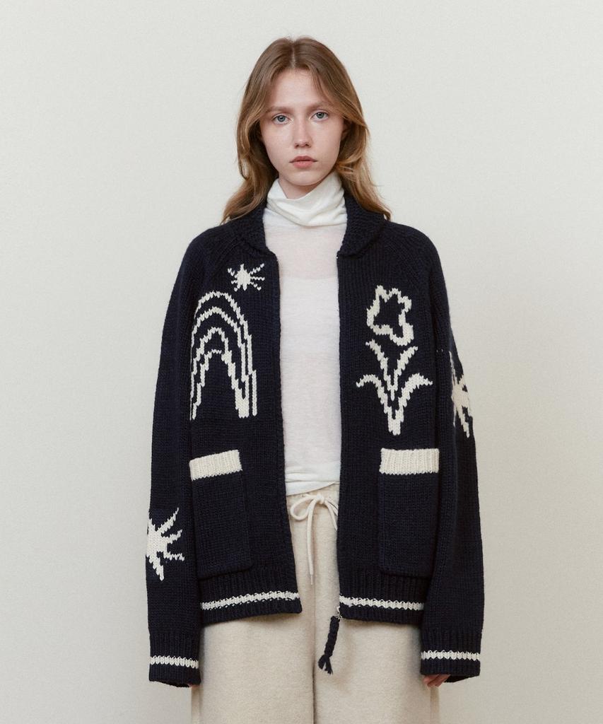 Fallett Drawing Garden Cowichan Knit Zip-Up Navy
