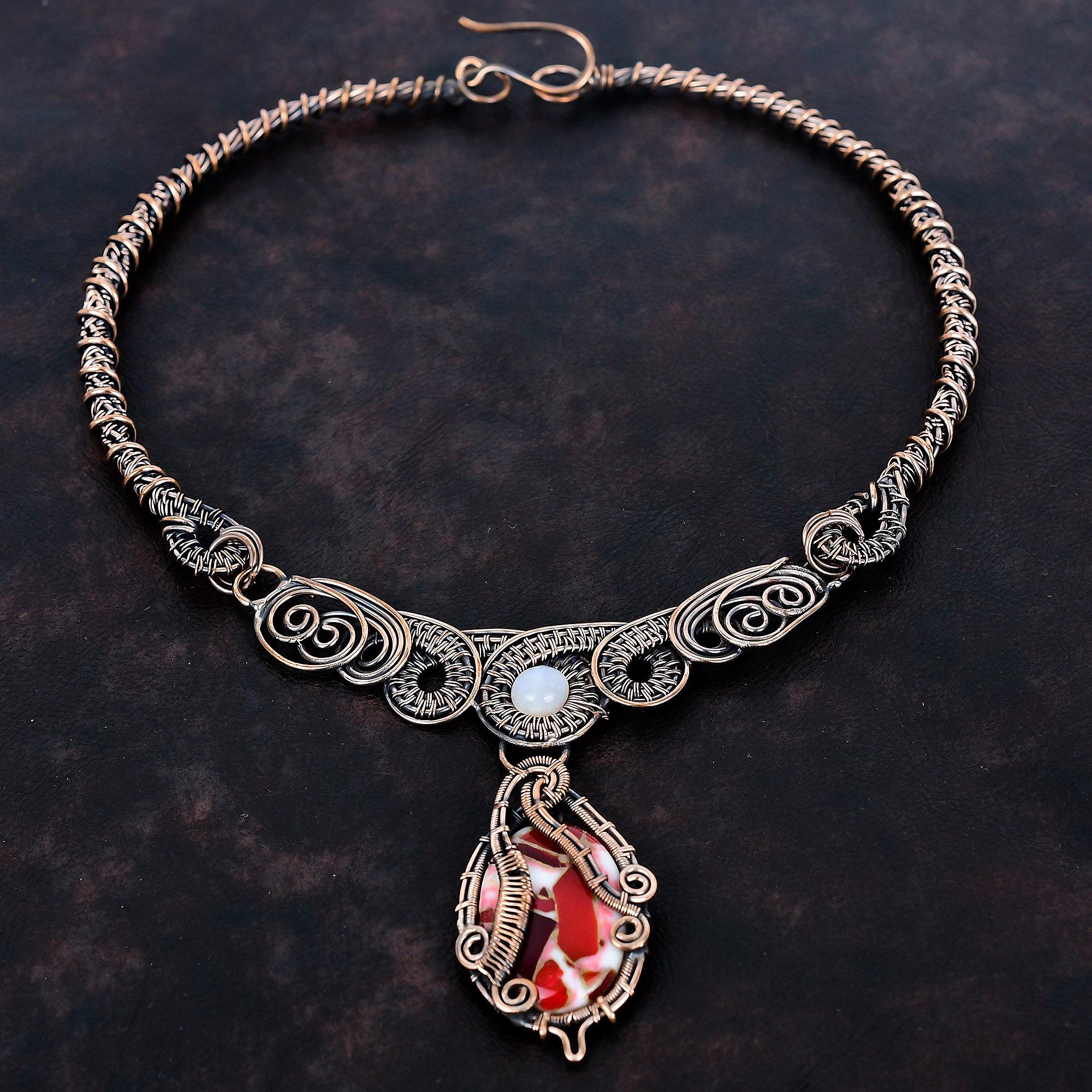 

Kingman red mohave copper turquoise necklace copper wire wrapped necklace rainbow moonstone gemstone necklace handmade copper wire jewelry
