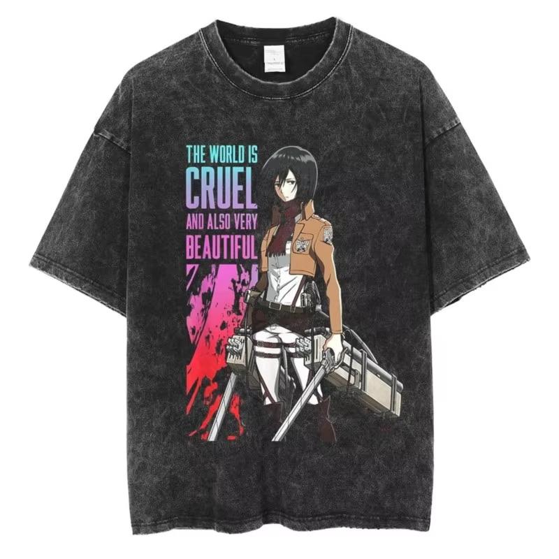 Anime Attack on Titan Mikasa Print Washed TShirt Men Manga Trendy Tshirts Vintage Cotton Tshirt Harajuku Male Tops L
