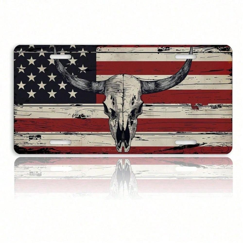 American Flag Longhorn Cow Skull License Plate, 5.9x11.8 Decorative Aluminum Car Tag, Patriotic Front Plate