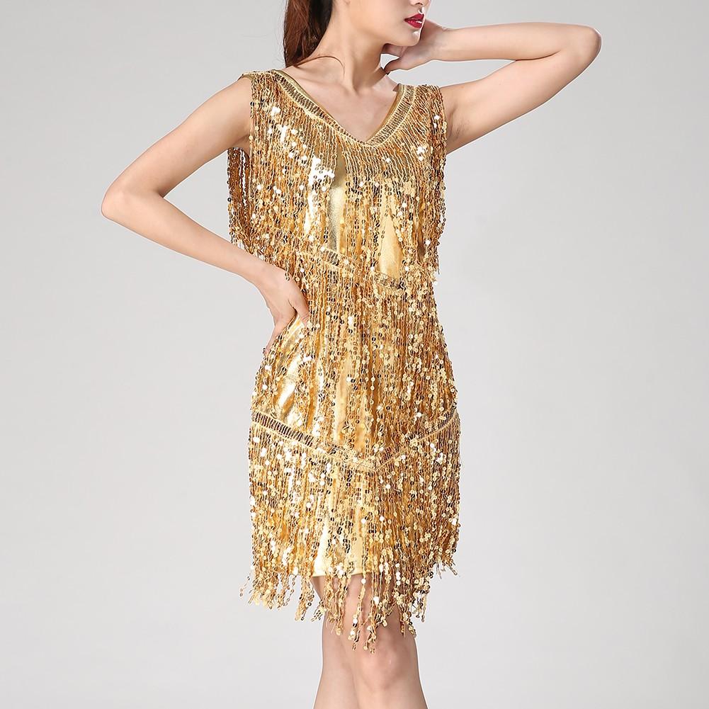 

Костюм для танцев ча-ча-ча, выпускной вечер, клубное платье без рукавов L золотой