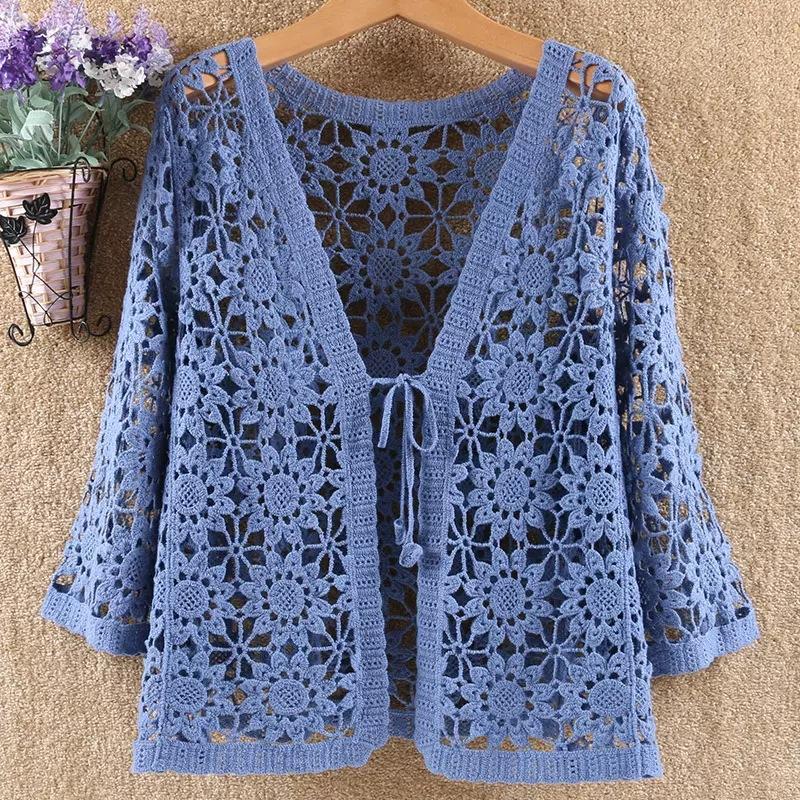 Jully Sexy Holle Kant Zonnebrandcr&egrave;me Vest Trui Vrouwen Brede Losse Airconditioning Gebreide Trui Dunne Gedeelte Vrouwelijke Lente Herfst One size