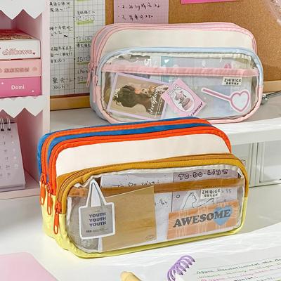 Cream Pencil Bag Pen Case Hitting Color Blocked Staged Type Transparent Front Pocket Storage Pouch for Stationery