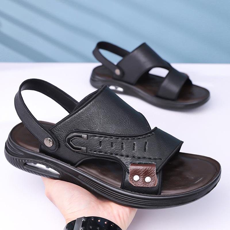 Fashion 2025 Summer Outdoor Leather Sandals for Men Dual-use Solid Color Beach Shoes Slipper Male New Designer  Driving Shoes Man