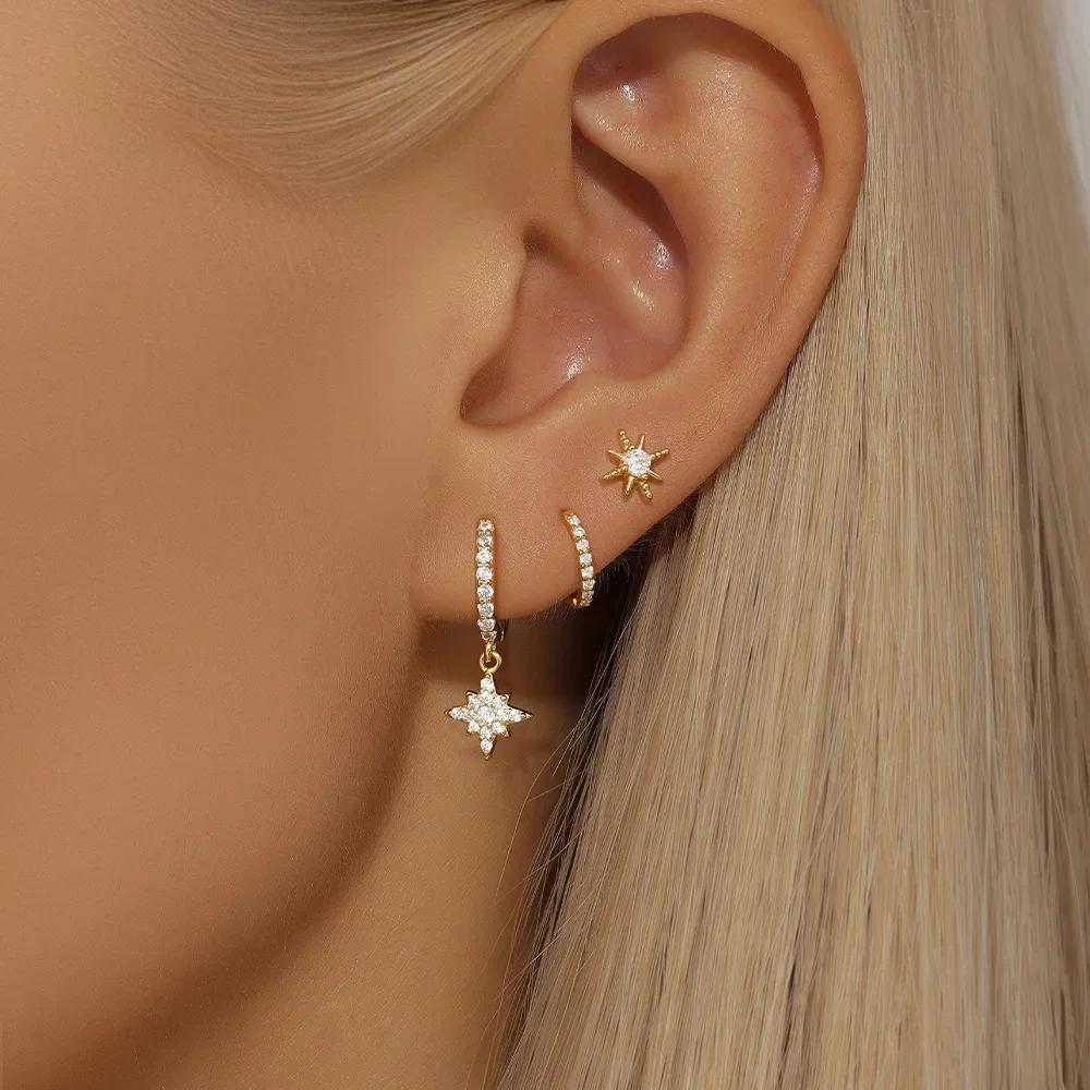 3 Piece Fashion Stainless Steel Round Star Drop Earrings Set for Women Gold Plated Dangle Earring Punk Unisex Rock Jewelry