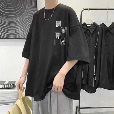 Tricou cu mâneci scurte de vară 2024 pentru bărbați Trendy mâneci cinci inci versatil ocazional largi tricou cu jumătate de mânecă pentru elevi Top imprimat la modă de zi cu zi