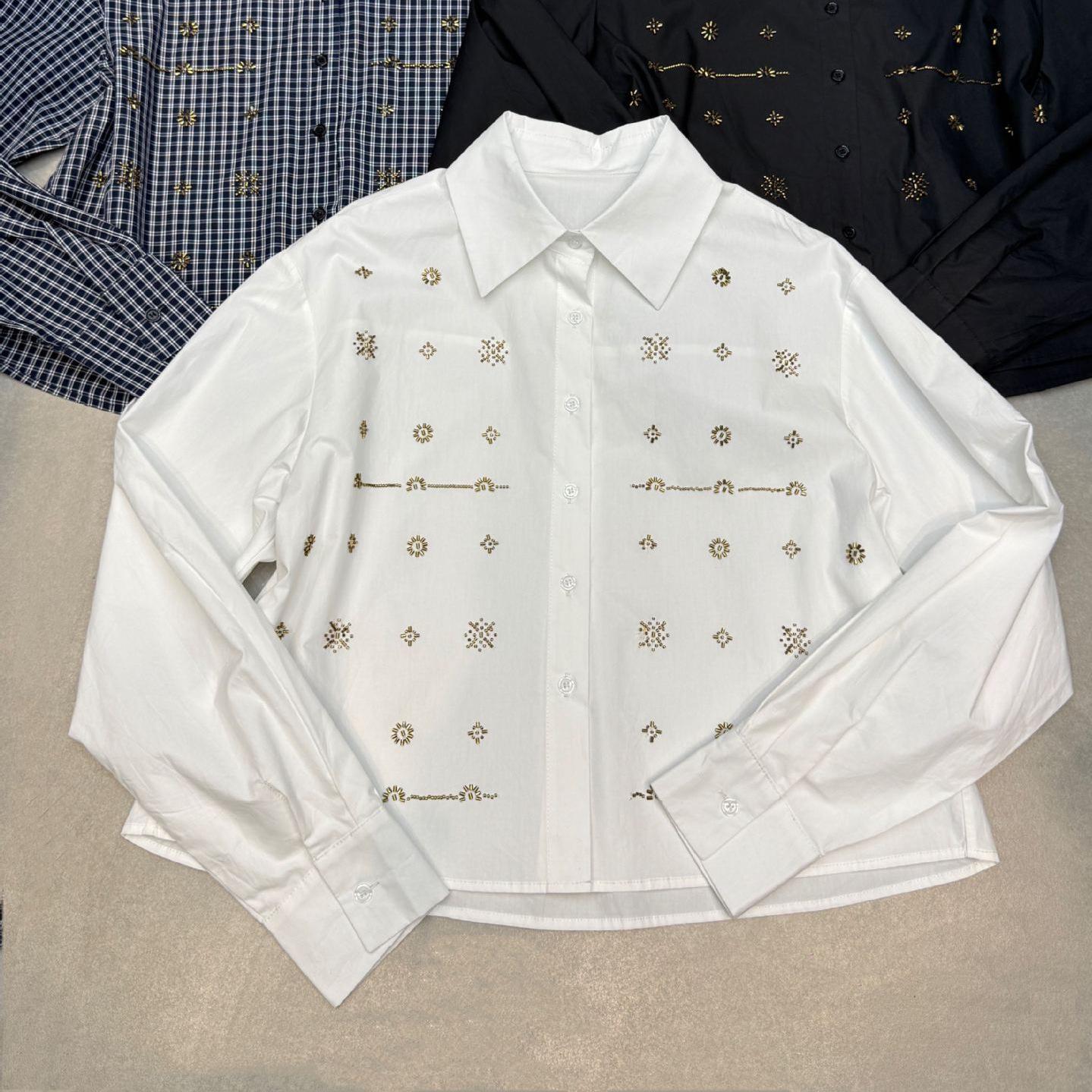 2026 Spring Korean Style White Rhinestone Embroidered Long Sleeve Slimming Fashion Top Medium