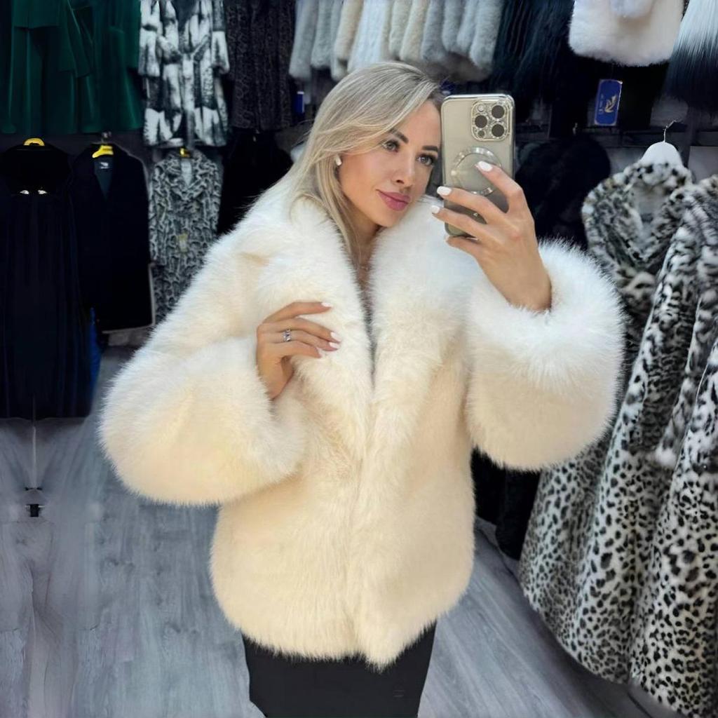 Women Elegant Large Lapel Fox Fur Coat Female Fluffy Casual Long Sleeve Jacket Autumn Winter Thick Warm Faux Fur Coat