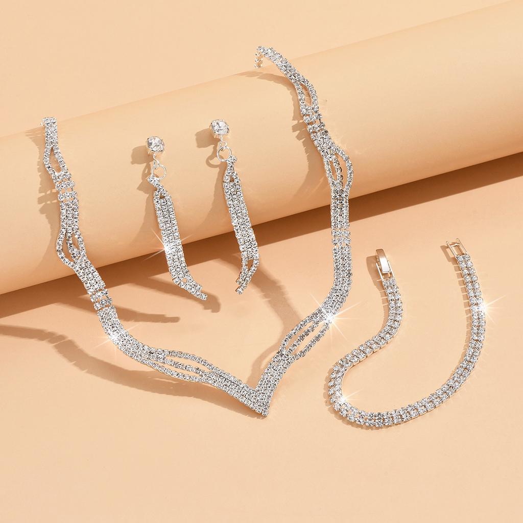 3/4PC Women's Fashion Zircon with Water Zircon Geometric Necklace Earrings Bridal Wedding Accessories