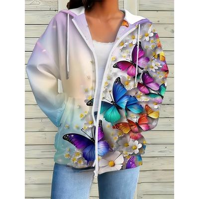 Damesjas met capuchon met vlinder- en bloemenprint, volledige ritssluiting - Levendig en kleurrijk vlinder- en bloemendesign