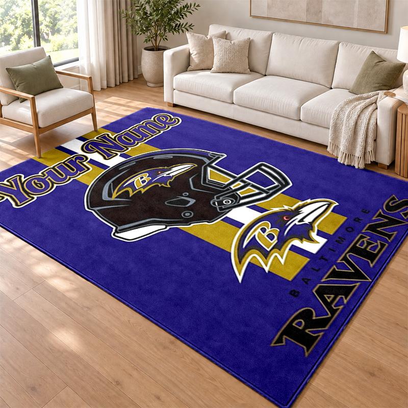 Baltimore Ravens Custom Name Personalized Rug Non‑Slip Doormat Floor Carpet Housewarming Birthday Gift for Family Friends