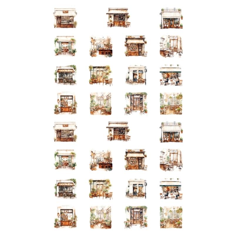 30 Sheets Adhesive Sticker Laptop Sticker Coffee House Series Decal Scrapbooking Sticker Coffee Girl Character Sticker