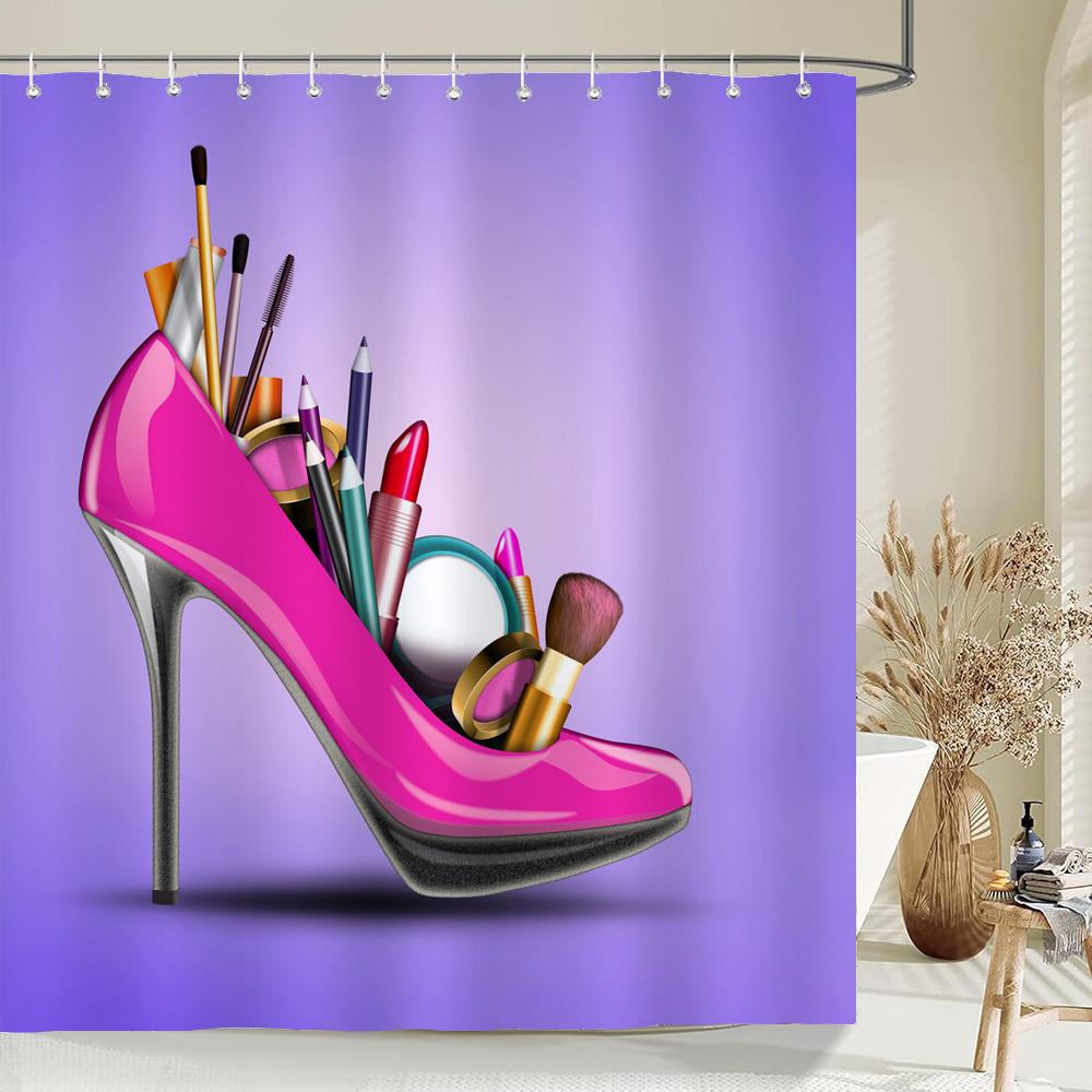 Sexy Red Lips Pink Print High Heel Shower Curtain Cosmetic Perfume Pink Girl Bedroom Decor Curtains Waterproof Bathroom Curtain