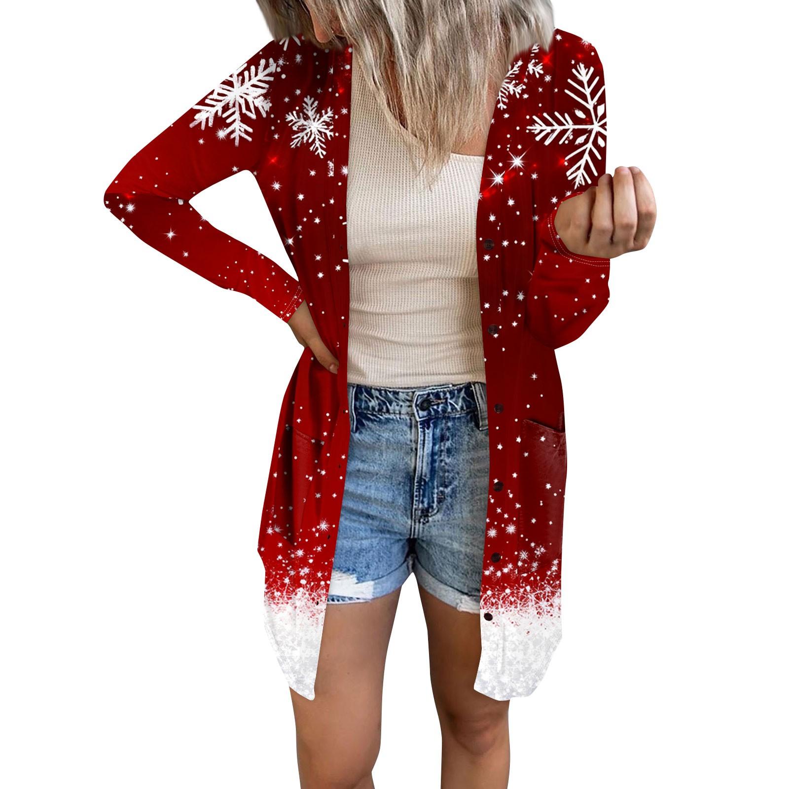 

Женский повседневный кардиган с длинным рукавом и рождественским принтом с карманами XXXXXL винный