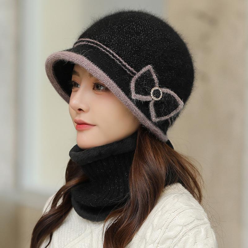 Autumn Winter Women's Rabbit Fur Hats Neck Scarf Sets Solid Color Basin Hat Knitted Woolen Caps Warm Casual Fisherman Hats with Scarf Trendy
