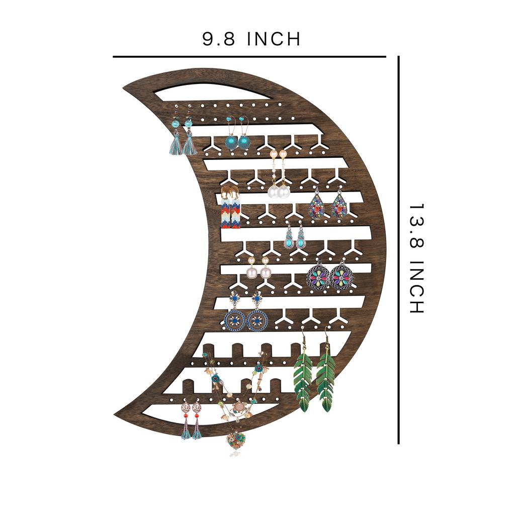 1 Stück Wandmontierter Hänge-Schmuckhalter für Ohrringe, Halsketten & Ringe Brauner Mond Holz-Schmuckorganisator
