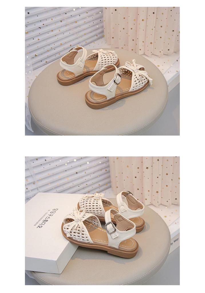 Girls' 2026 Korean Style Bow Knot Closed Toe Sandals - Soft Sole Woven Princess Shoes for Little Girls