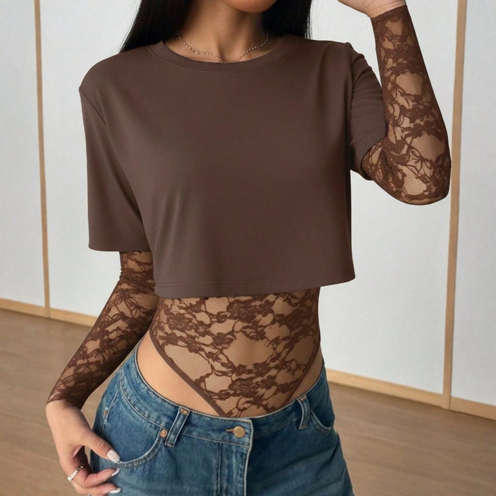 Stylish Women's Jumpsuit, Color, Cropped, Fitted, Lace-trimmed Short-sleeved Top