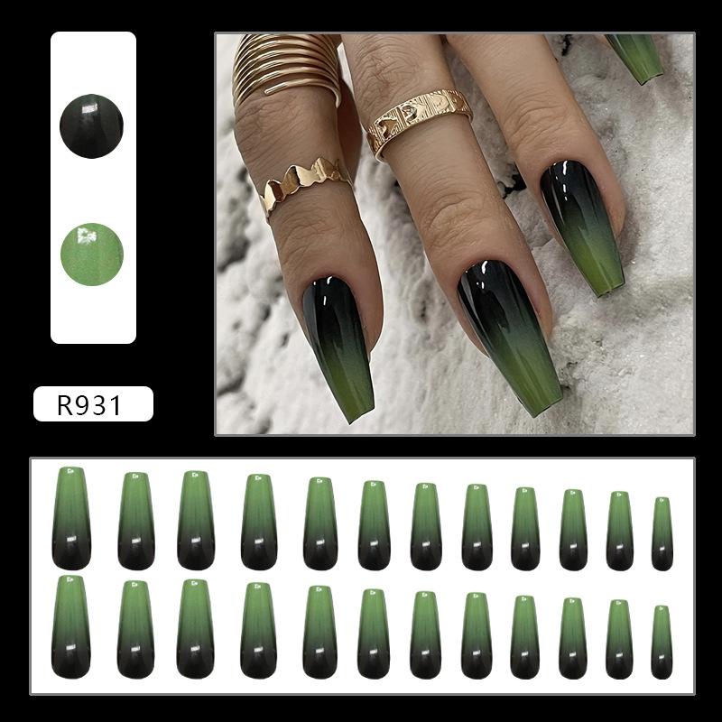 Retro dark green gradual change temperament long ballet white fake nail patch removable manicure piece 24 pieces