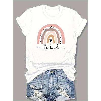 Damen Rainbow-Thema Print T-Shirt Rundhals Kurzarm Modisches Lässiges Alltags Stilvolles Oberteil