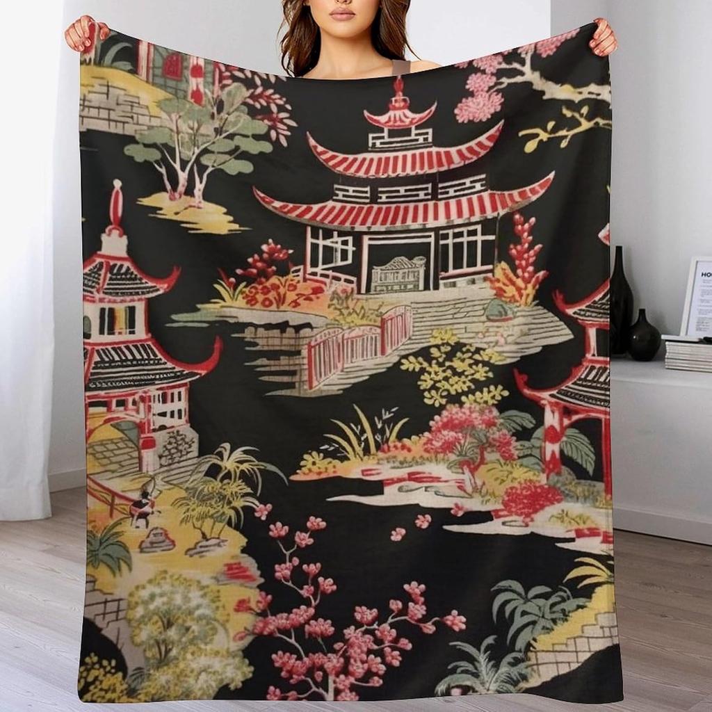 GUOYU Decke Überwurfdecke Chinoiserie Anthrazit Koralle Pagode Flanell Fleece Überwurfdecke Japanischer Asiatischer Stil Decke Pagode und Blume