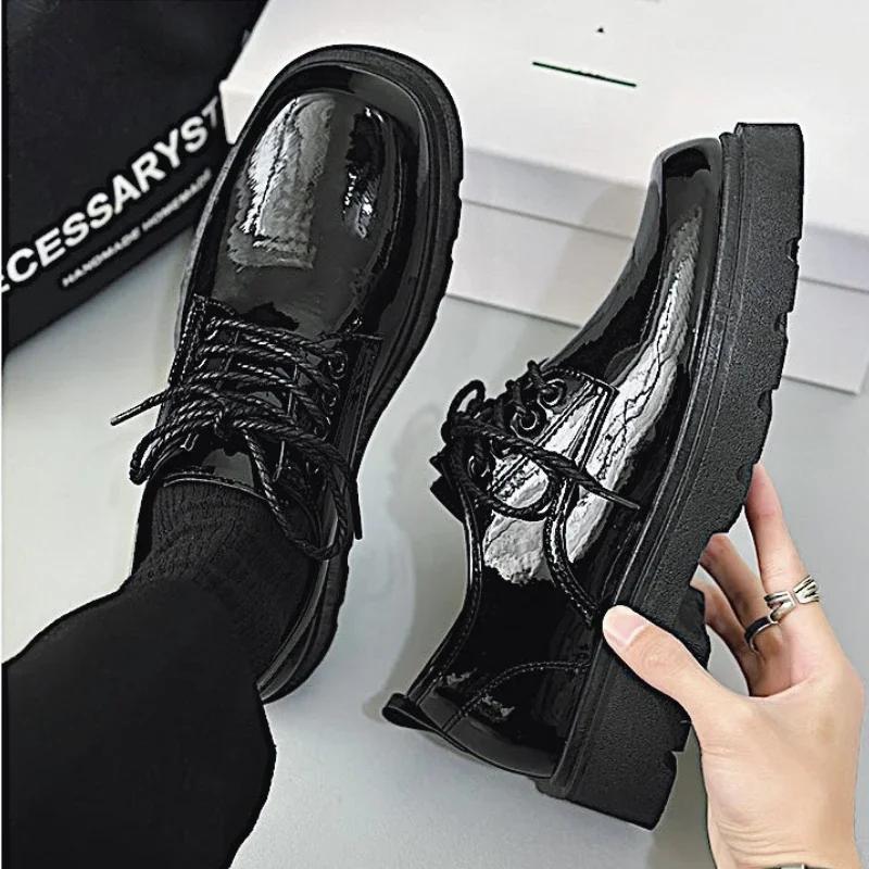 Módní pánské kožené boty s hranatou špičkou, lakované kožené ležérní boty pro muže, silná podrážka, derby boty v korejském stylu, formální pánské společenské boty