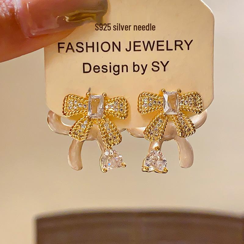 Silver Needle Drip Zircon Bowknot Teardrop Earrings - Exquisite High-End Gentle Stud Jewelry
