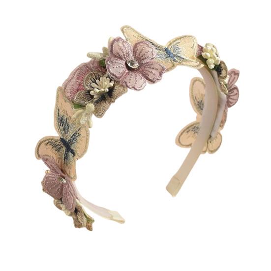 Soft Yarn Headband with Gauze Flowers Faux Pearls Decor Romantic