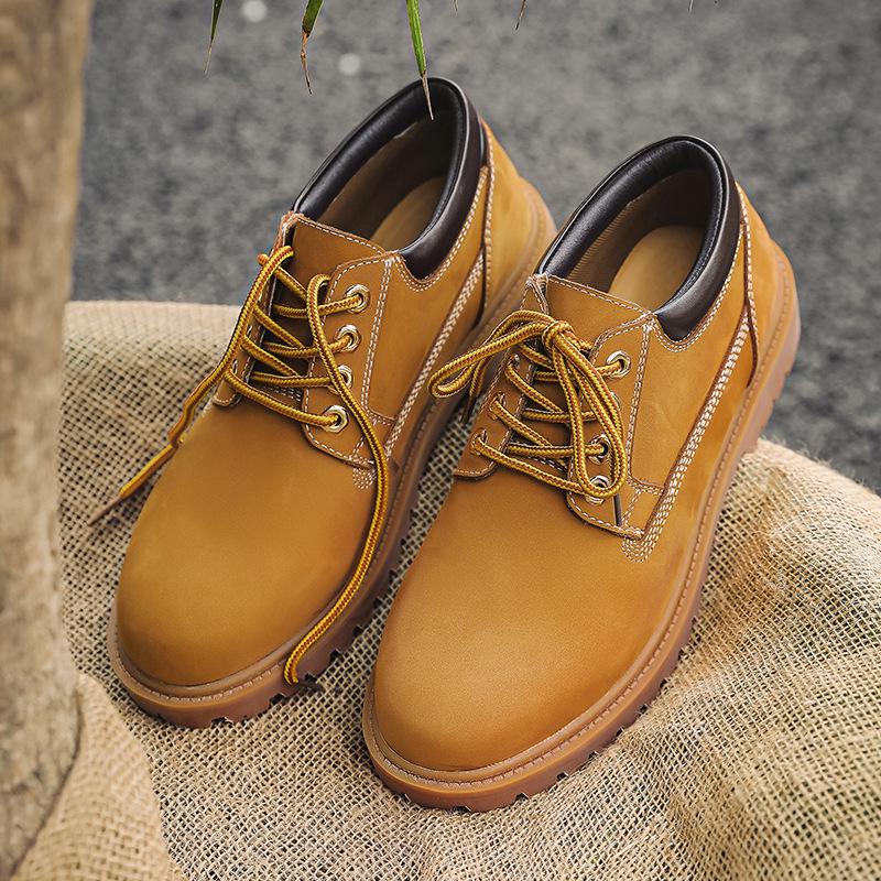 Men's Retro Yellow Leather Low-Top Martin Motorcycle Boots with Oxford Outsole