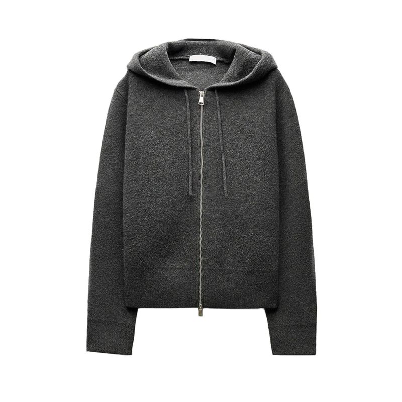

Za Women clothes Spring New Idle Style Double Zipper Versatile Simple Hood Long sleeve Plain Stitch Hoodie 5755001 Coal Gray S