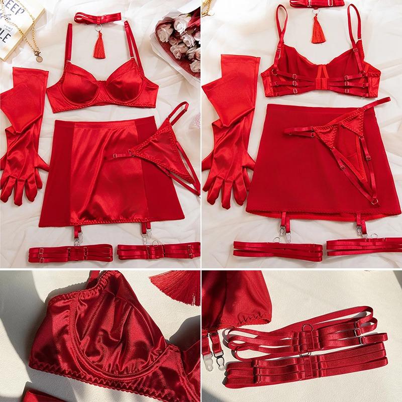 Tornova Sexy Lingerie Suit for Women Sexy Tassel Tempting Satin Spliced Mesh Hip Skirt with Gloves Split Erotic Lingerie Set