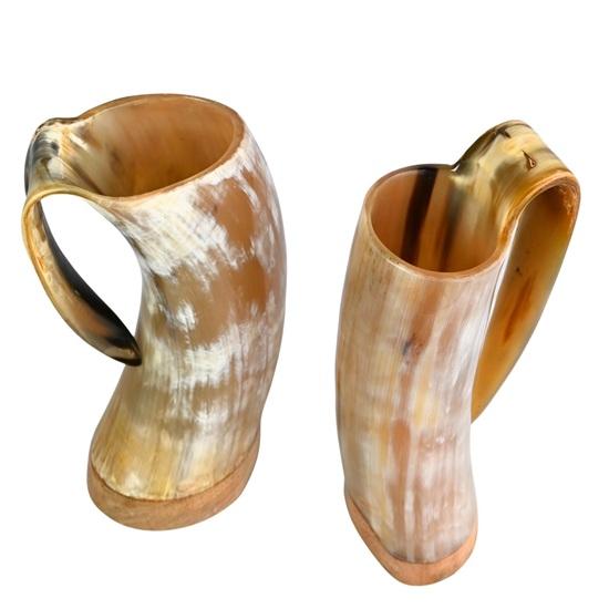 15.24 Cm Handmade Viking Horn Mugs Set of 2m Medieval Mead Cups with Wooden Base
