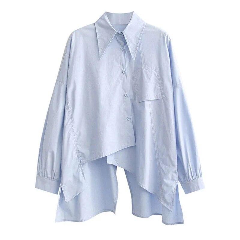 Manches longues irrégulière femmes chemise printemps automne col rabattu Simple blanc Blouse hauts à la mode vêtements amples Blusas 29947