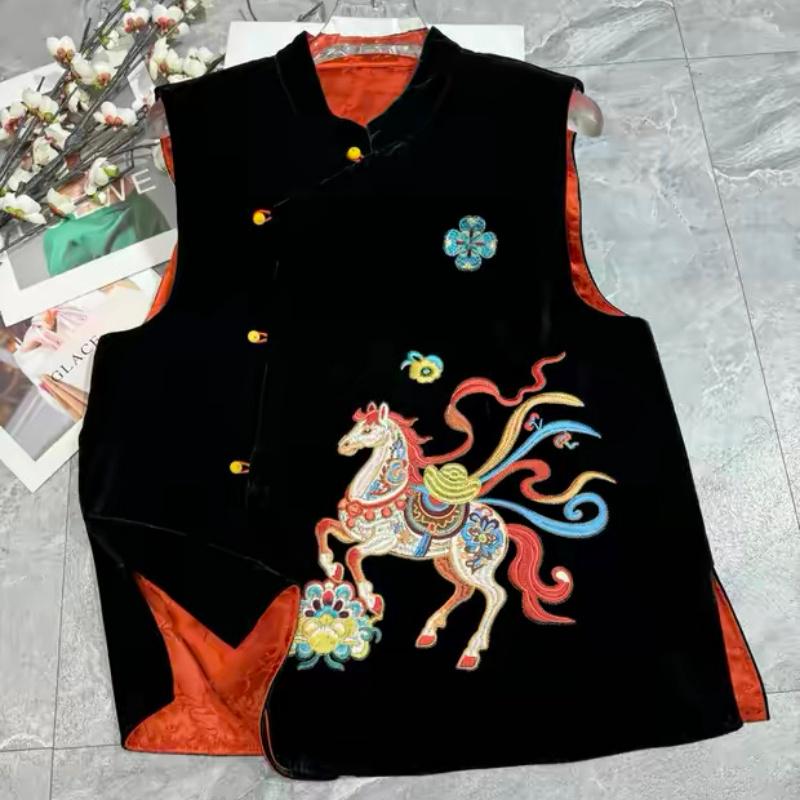 

New Spring Silk Velvet Vest with Embroidery and Stand Collar - Women s Chinese National Style 2XL (suggested for 105-120 jin) чорний
