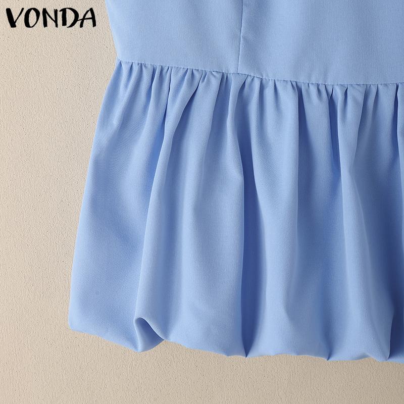 VONDA Summer Women Crew Neck Short Sleeve Solid Color Ruffled Casual Blouse