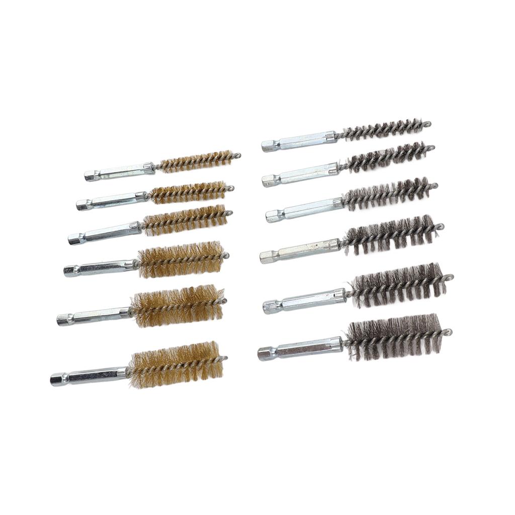 12PCS Bore Brush Copper and Iron 304 Stainless Steel Bristles Wire Brush for Power Drill with Hex