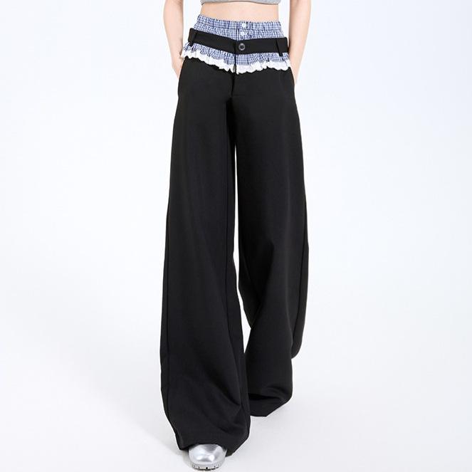 Plaid Patchwork Lace Double Waistband Wide-Leg Pants for Women - New 2025 Spring/Autumn Casual Long Pants