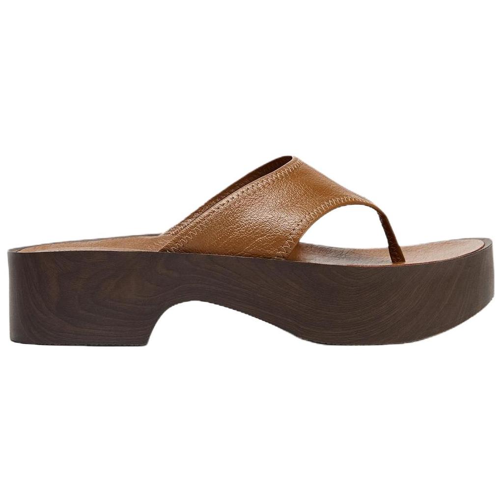 Zara Goat Leather Slip-On Open-Toe Soft Leather Thick-Soled High Heels Anti-Friction Flip-Flops Women Footwear Brown 2631510105