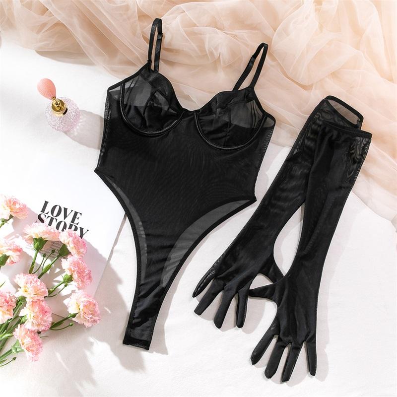 Aduloty Women Sexy Lingerie Erotic Bodysuit Perspective Minimalist Basic Slim Fit Hip Lifting Glove Matching Underwear Set