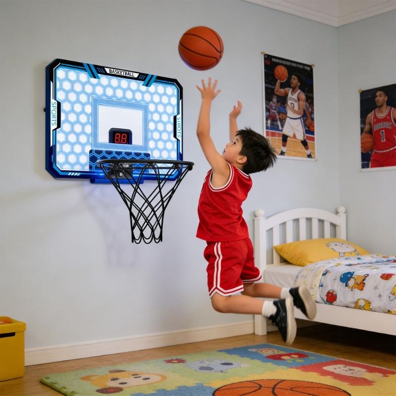 Indoor Basketball Hoops For Christmas Birthday Foldable LED Light Scoreboard Safe Wall Mount Complete Set blu