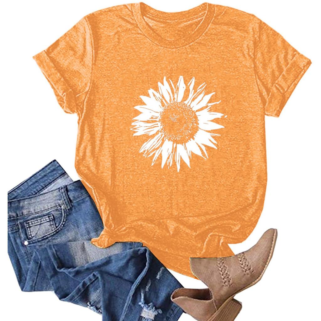Women Fashion Flower Printing O-Neck Short T-Shirt Loose Blouse Top Shirt