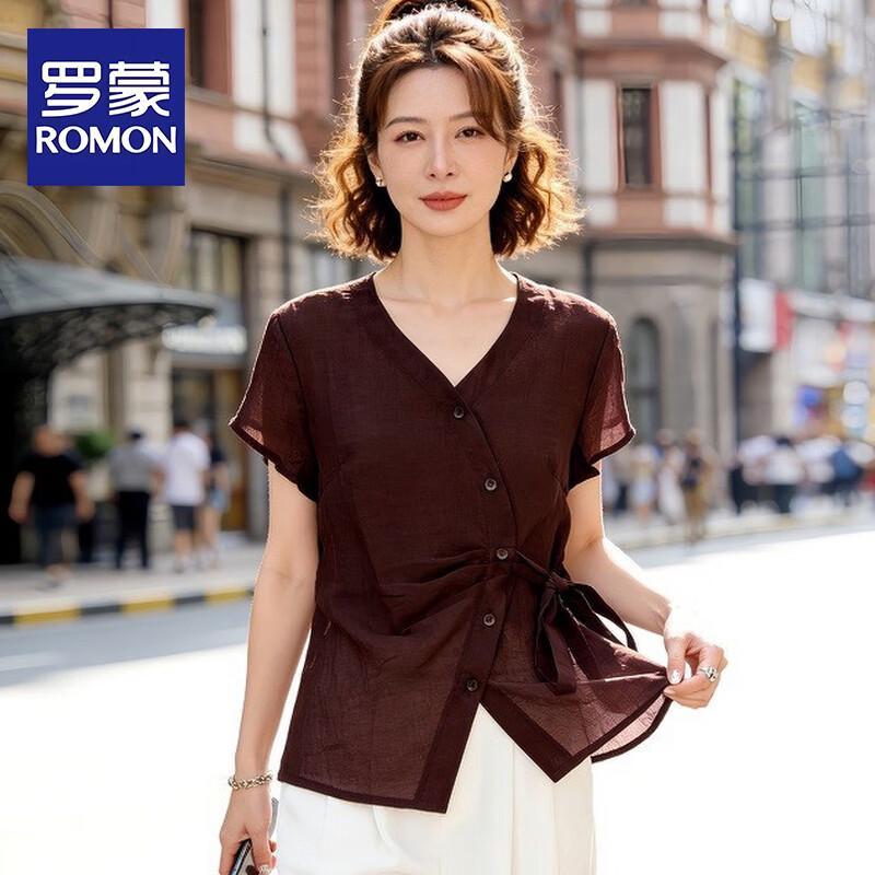 ROMON Women s Elegant V-Neck Short Sleeve Blouse 4XL