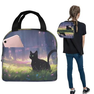 A Black Cat Walking Anime Insulated Lunch Bag for Women Children Leakproof Food Boxes Thermal Lunch Box Tote