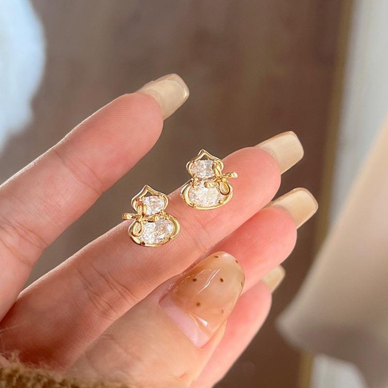 Real Gold Electroplated Silver Needle Zircon Gourd Stud Earrings New Chinese Exquisite Elegant Versatile Earrings Light Luxury High-end Earrings